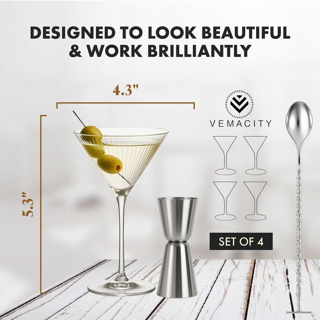VEMACITY - Ribbed Martini Glasses Set of 4 | Silver Bar Tools - 8oz Cocktail Glasses | Espresso Martini, Margarita, Manhattan, Cosmopolitan - Art Deco Cocktail Gift Set | Ideal for Martinis - Image 8