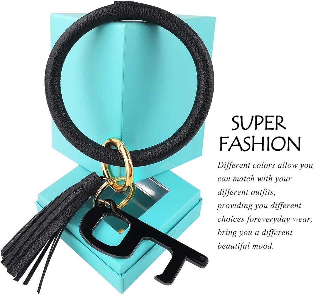 Leather Bracelet Key Ring Bangle Keyring, Tassel Ring Circle Key Ring Keychain Wristlet with No Touch Key Door Opener