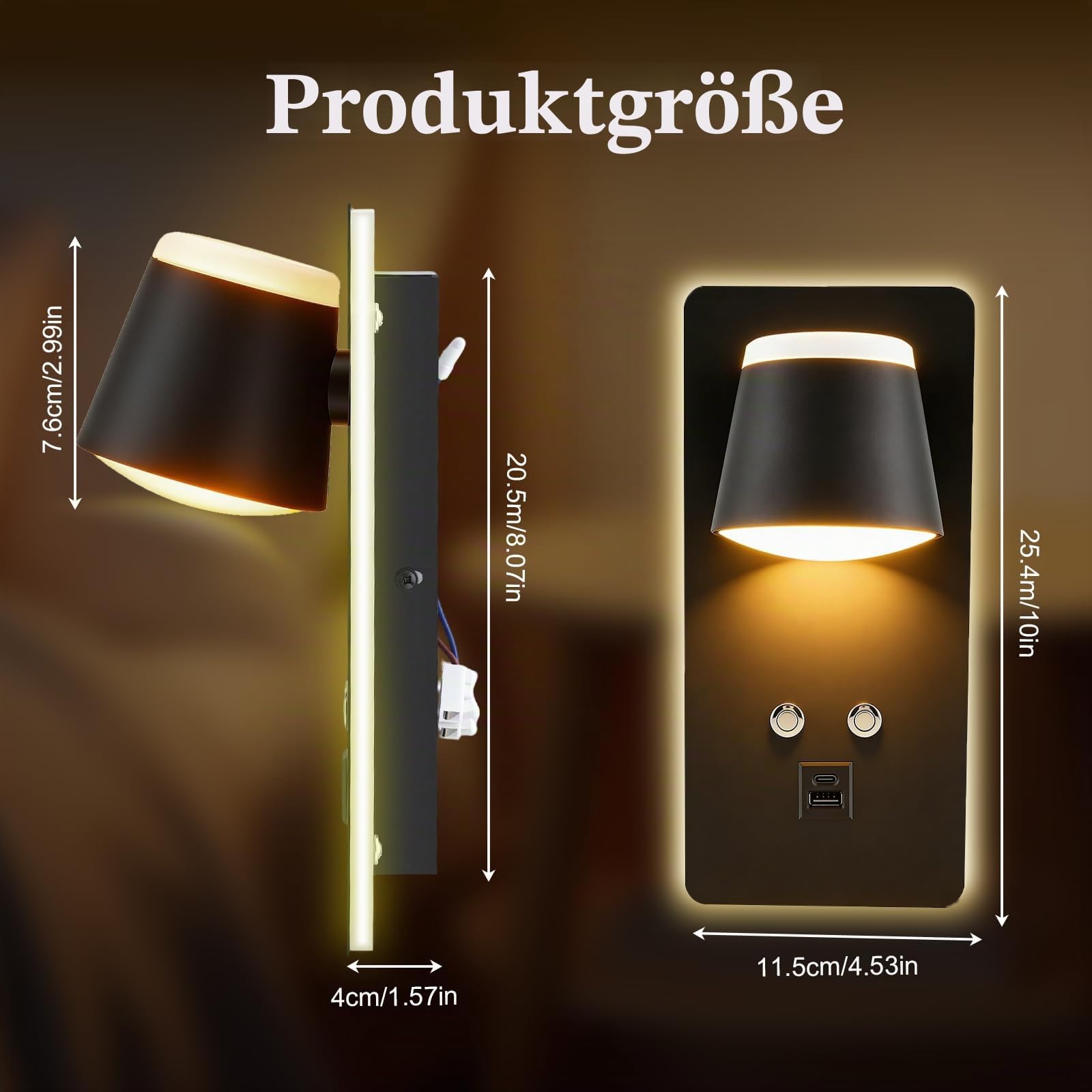 LED Wandleuchte Innen, 3 IN 1 LED Wandleuchte mit Schalter, 12W Dimmbar Nachttisch Leselampe mit USB Ladeanschluss, LED Wandleuchte für Hotelflur, Innenbereich, Nachttischlampe Wohnzimmer(2PCS)