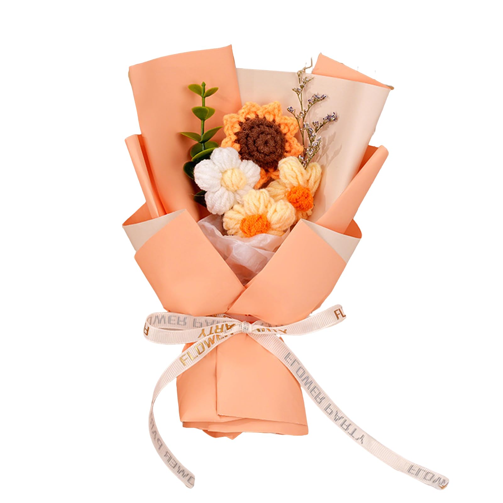 Handmade Crochet Sunflower Bouquet, Knitted Artificial Flowers with Green Foliage, Everlasting Floral Arrangement for Home Decor, Wedding, Gift for Mother Day Birthday Valentine Graduation (orange)