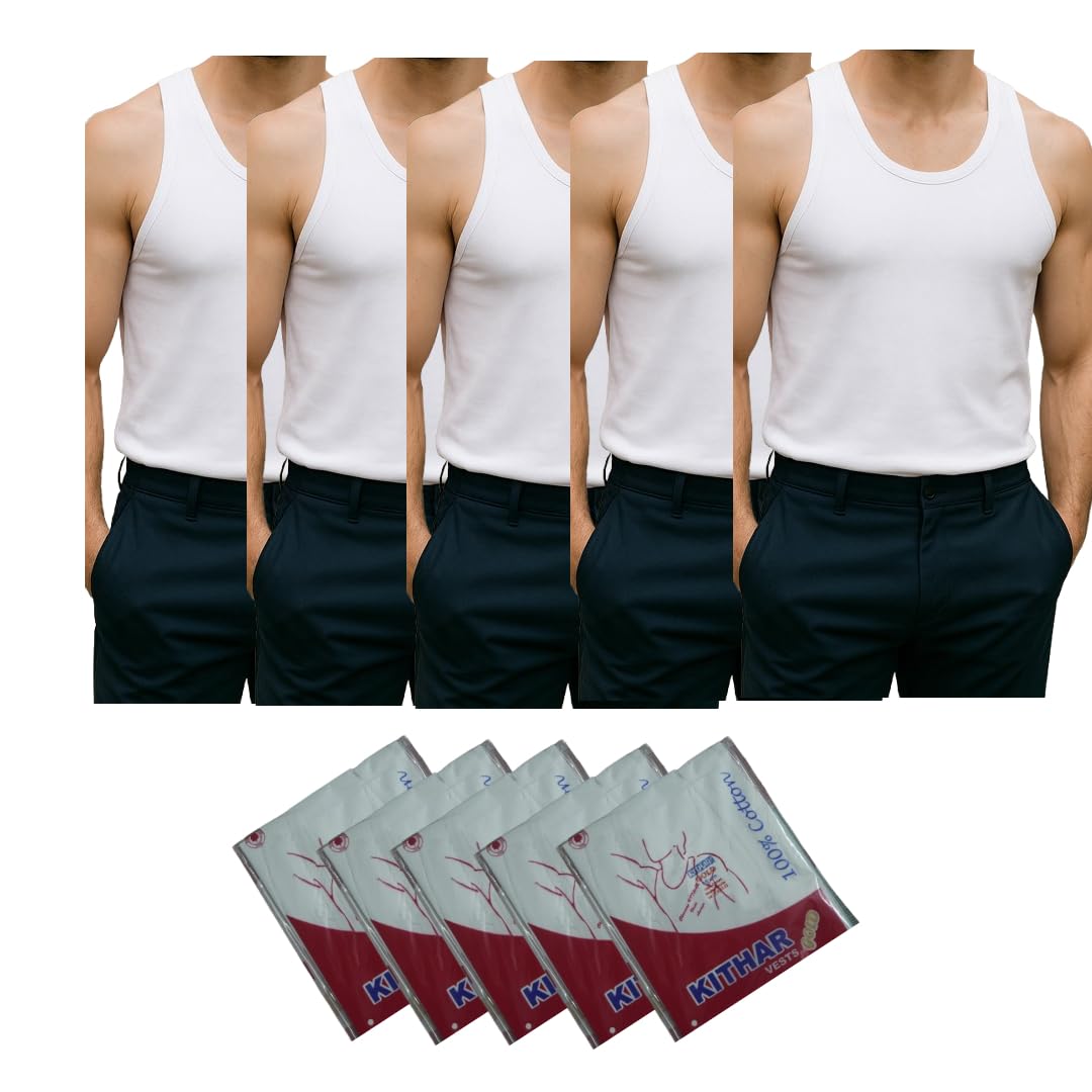 Kithar Men's Pack of 5 White Round Neck Sleeveless 100% Cotton Vest-picture-31