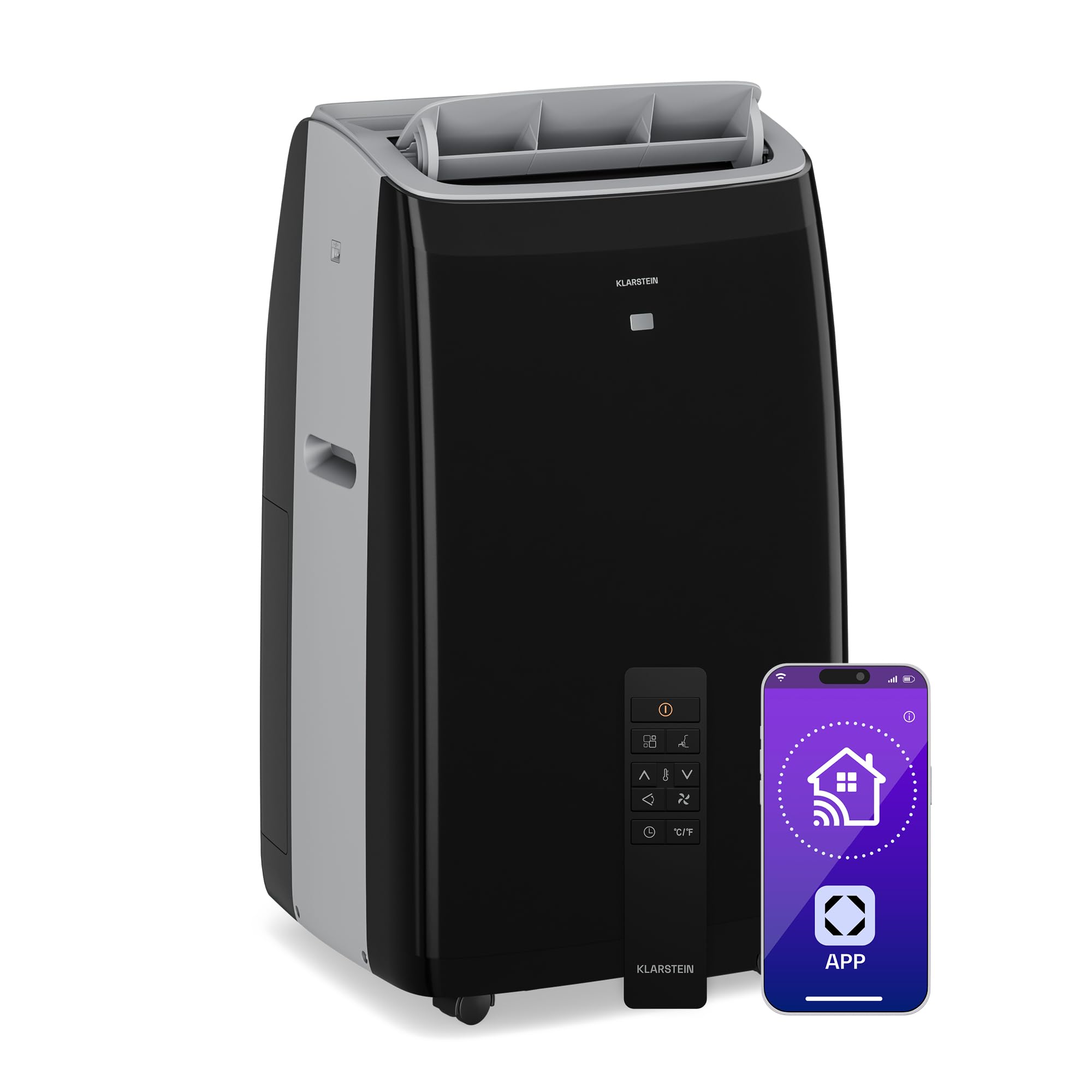 Klarstein Matte Black Grandbreeze Portable Ac - 16,000 Btu, Cools Up To 82 M², 3-In-1: Ac, Dehumidifier & Fan, Smart App/Voice Control, Energy Class A, Remote, Timer, Freestanding With Wheels, Black