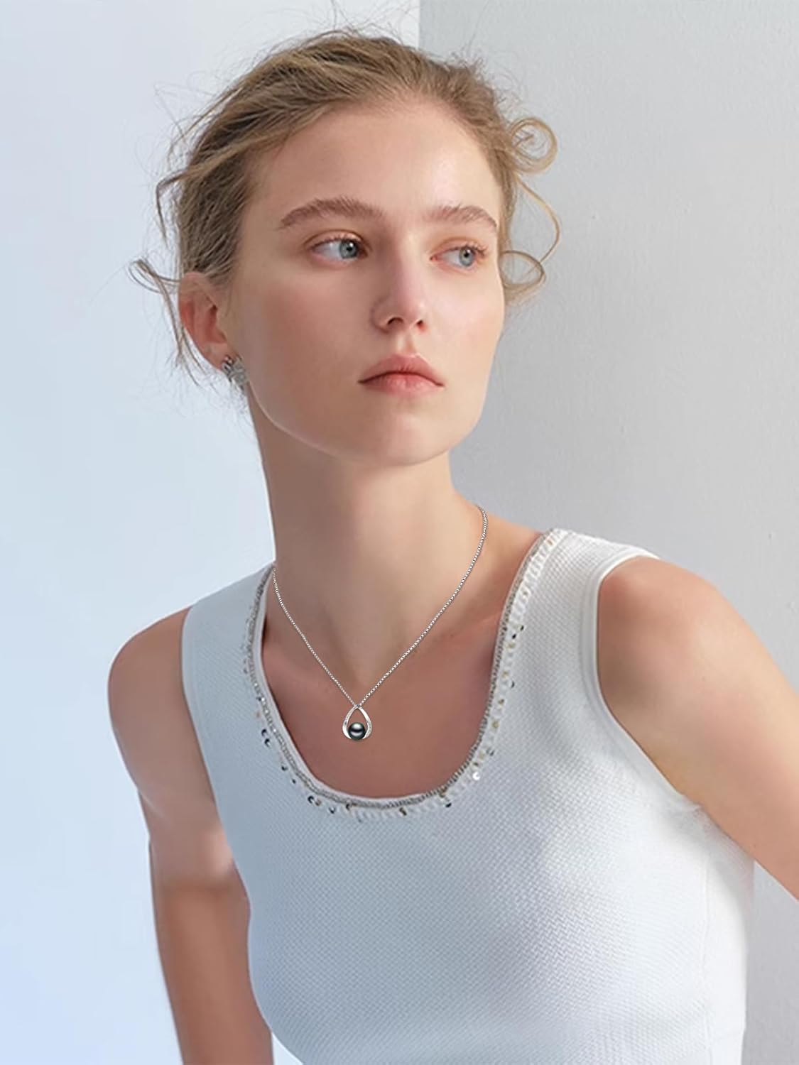 Tahitian Black Pearl Pendant Necklace AAAA 18K White Gold Plated 925 Sterling Silver Black Pearl Jewelry Gift for Women Mother Wife Her for Anniversary Christmas Birthday - Image 3