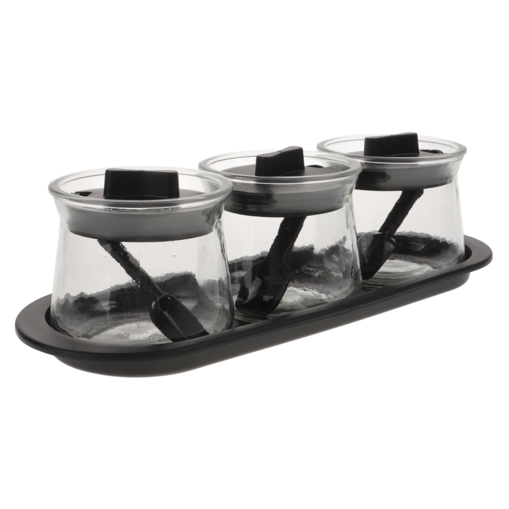 POPETPOP Set 3pezzi Barattoli per Spezie in Vetro Trasparente con Cucchiai e Vassoio, Contenitori Condimenti in Pp e Vetro Soda, Design Lavabile per Cucina