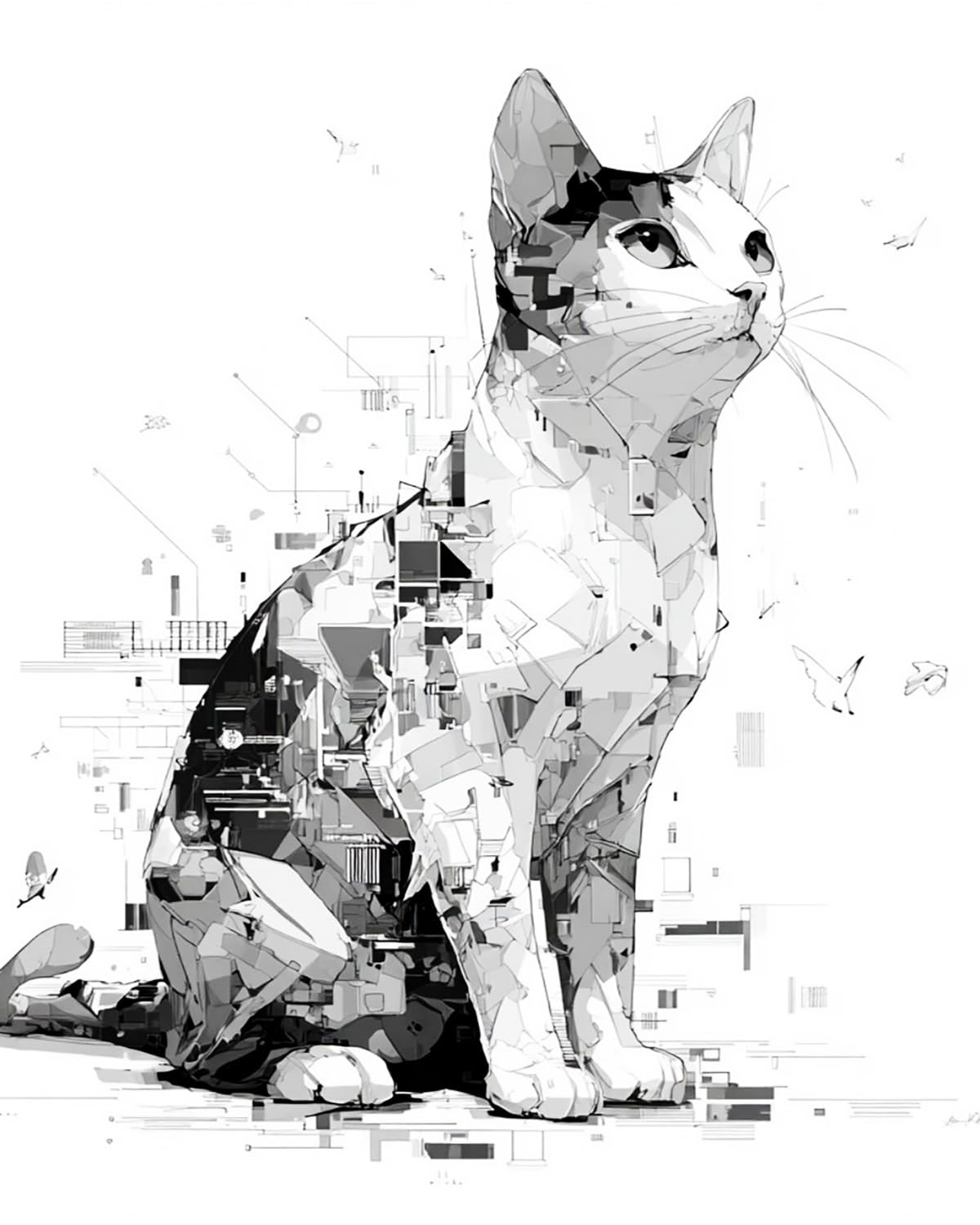 Liubaishi Black And White Paint By Numbers Kit For Adults, Black Digital Spirit Cat, 40X50 Cm, Acrylic On Canvas