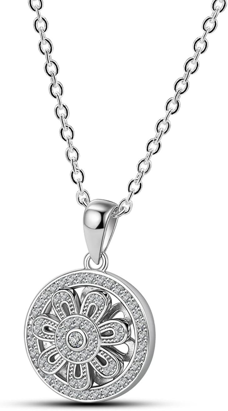 Dankadi Fine Jewelry Women 925 Sterling Silver Sunflower Pendant Necklace Original Rotating Flower Pinwheel Choker Chain 18" Birthday Gifts for Mom Wife