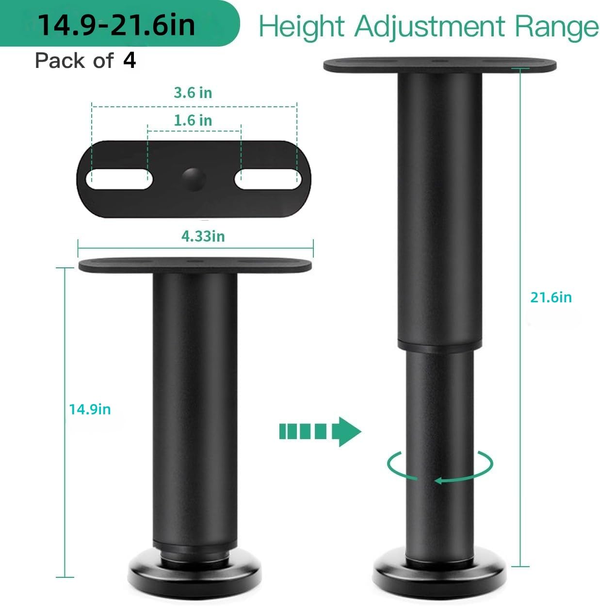 Patas ajustables de metal para muebles, patas de cama de acero inoxidable en forma de T, resistentes para centro de cama, patas de repuesto para sofás, sillas acolchadas (negro, 38-55 cm/4