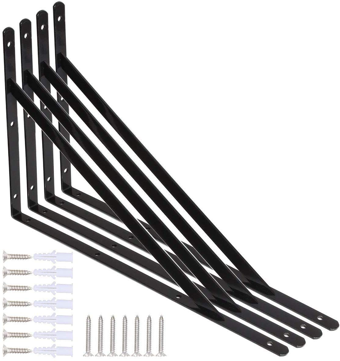 Starvast - Escuadra de pared, 4 soportes triangulares de 90 grados de acero, estantes de 400 mm x 250 mm, soporte angular con 20 tornillos y 8 anclajes (negro)