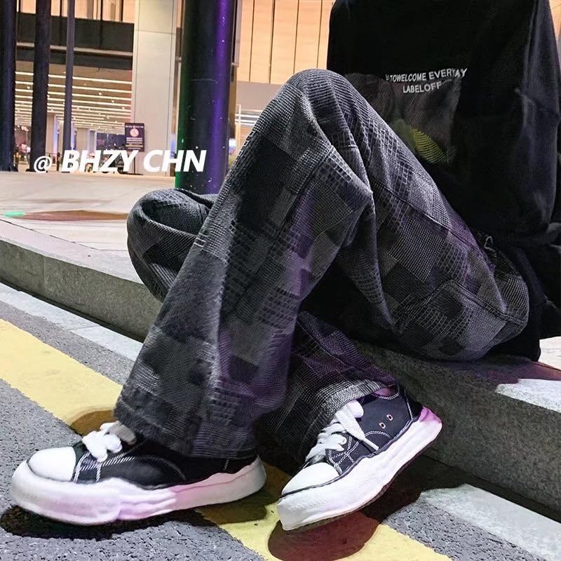 Vintage Checkerboard Denim Pants Y2K Grunge Cltohes Streetwear Male Baggy Jeans Straight Trousers for Men2