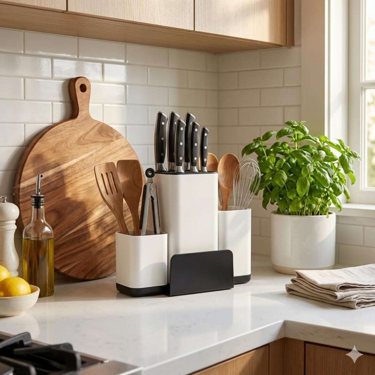 Bıçak Organizeri ve Mutfak Gereçleri Düzenleyici – Çok Bölmeli Kaymaz Tabanlı Modern Bıçaklık, Ahşap ve Metal Bıçaklara Uygun Saklama Standı, Kaşık Spatula ve Kepçe Düzenleyici