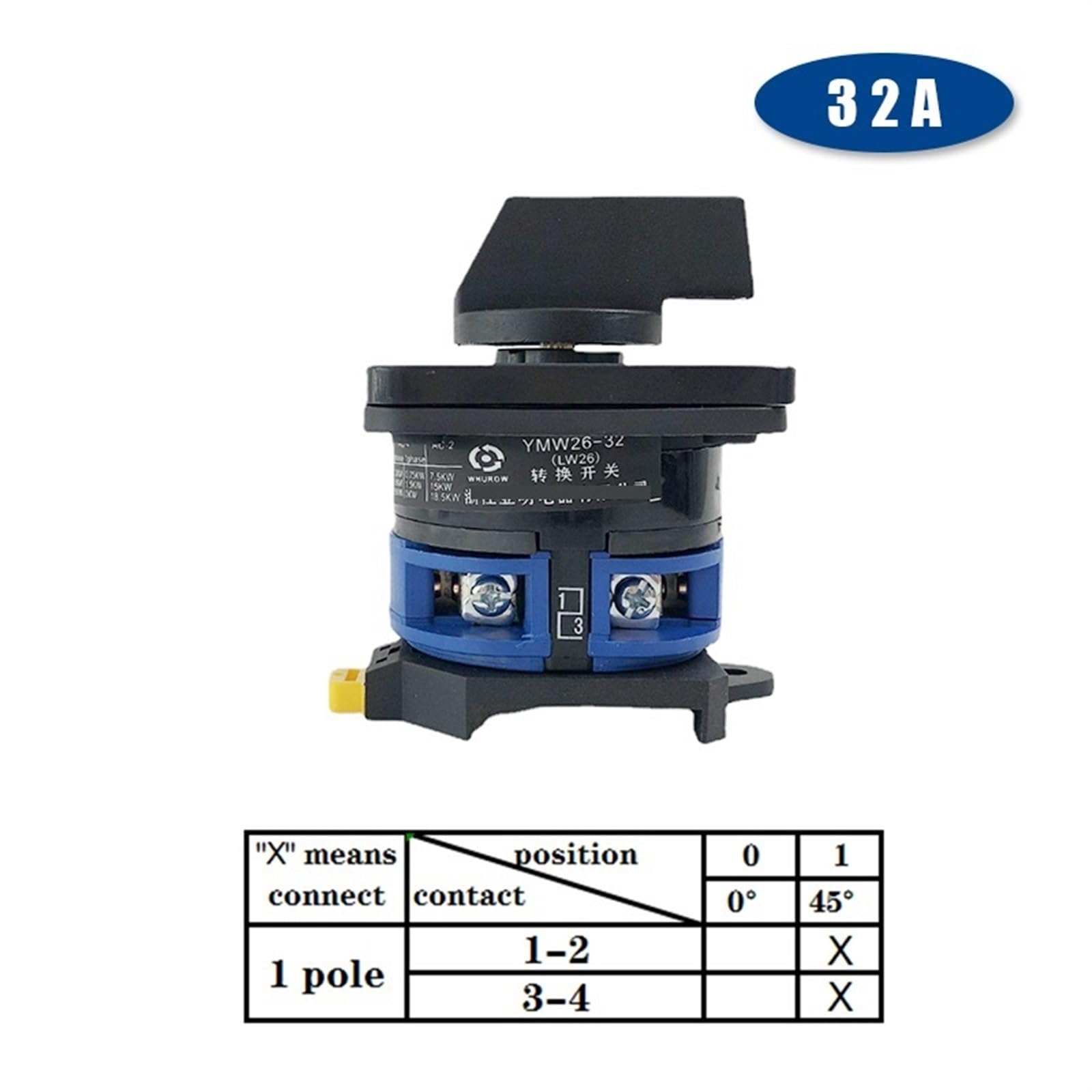 LW28 YMW26 LW26-32/1DIN Interruptor de leva giratorio de cambio montado en riel 690V 32A selector de 1 polo, motor de control de contacto plateado (0-1)