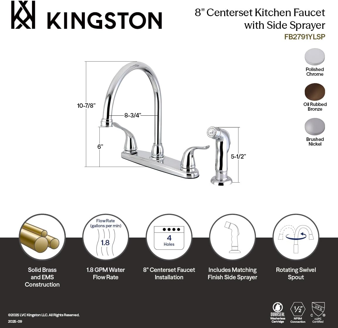 Kingston Brass FB2798YLSP Yosemite 8 Inch Centerset Kitchen Faucet, 8-3/4 inch in Spout Reach, Brushed Nickel