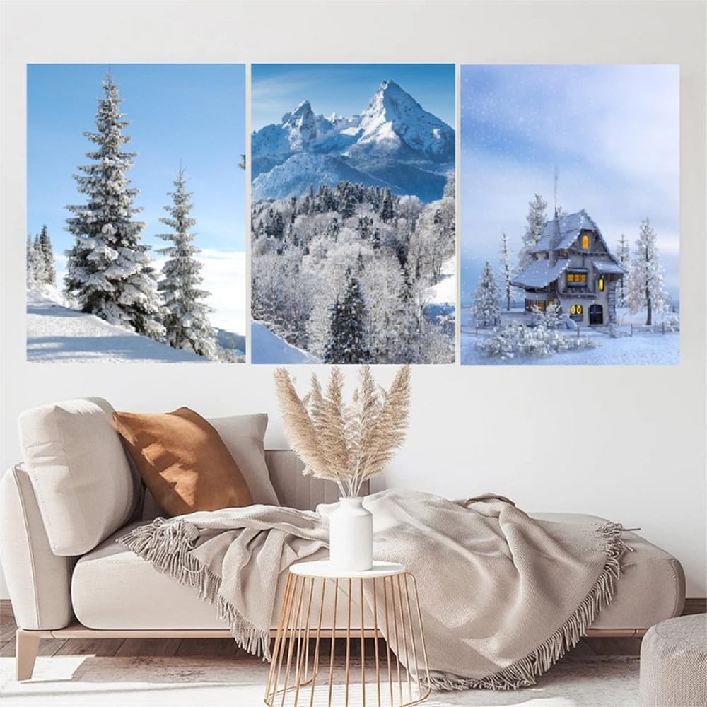 WBYZAC Botanical Posters-Modern Winter Landscape Poster Fantasy Snow View Cabin Picture Mountain Leaf Forest Painting Hotel Bedroom Kitchen Room Decoration-60 * 70cm*3PCS (No Frame)