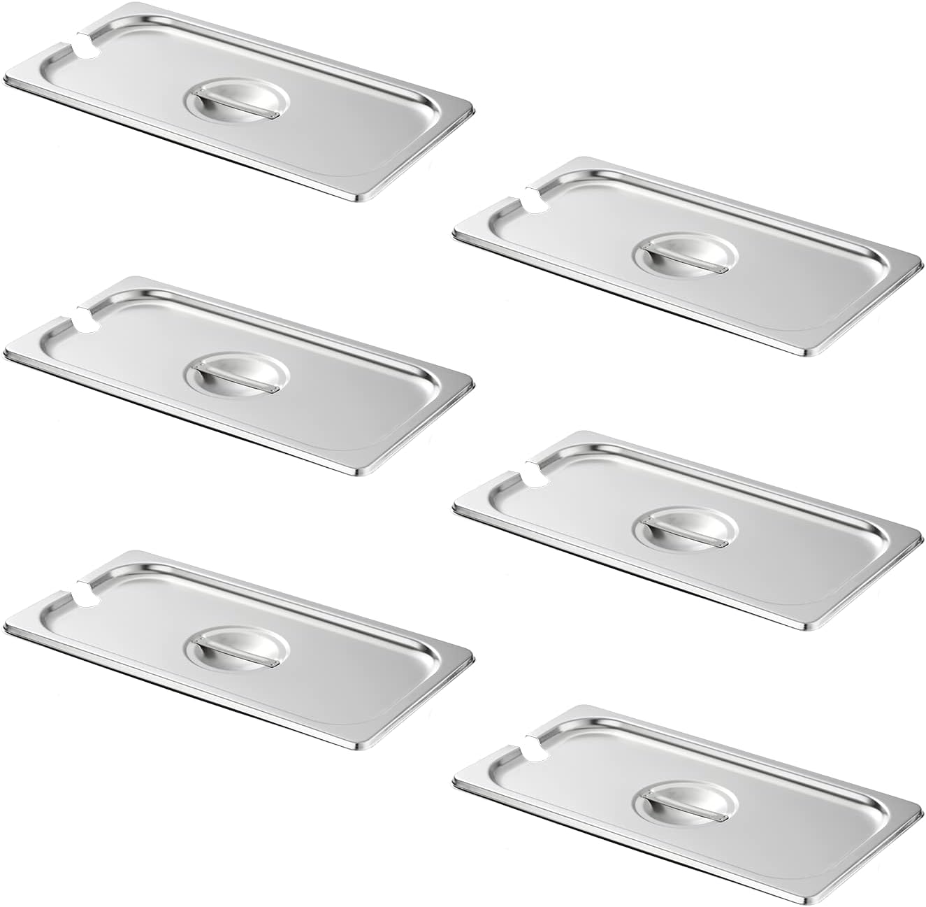 HECMAC 6-Pack 1/3 Size Slotted Hotel Pan Cover, Heavy Duty, Stainless Steel Solid Steam Table Catering Food Pan Lid with Handle