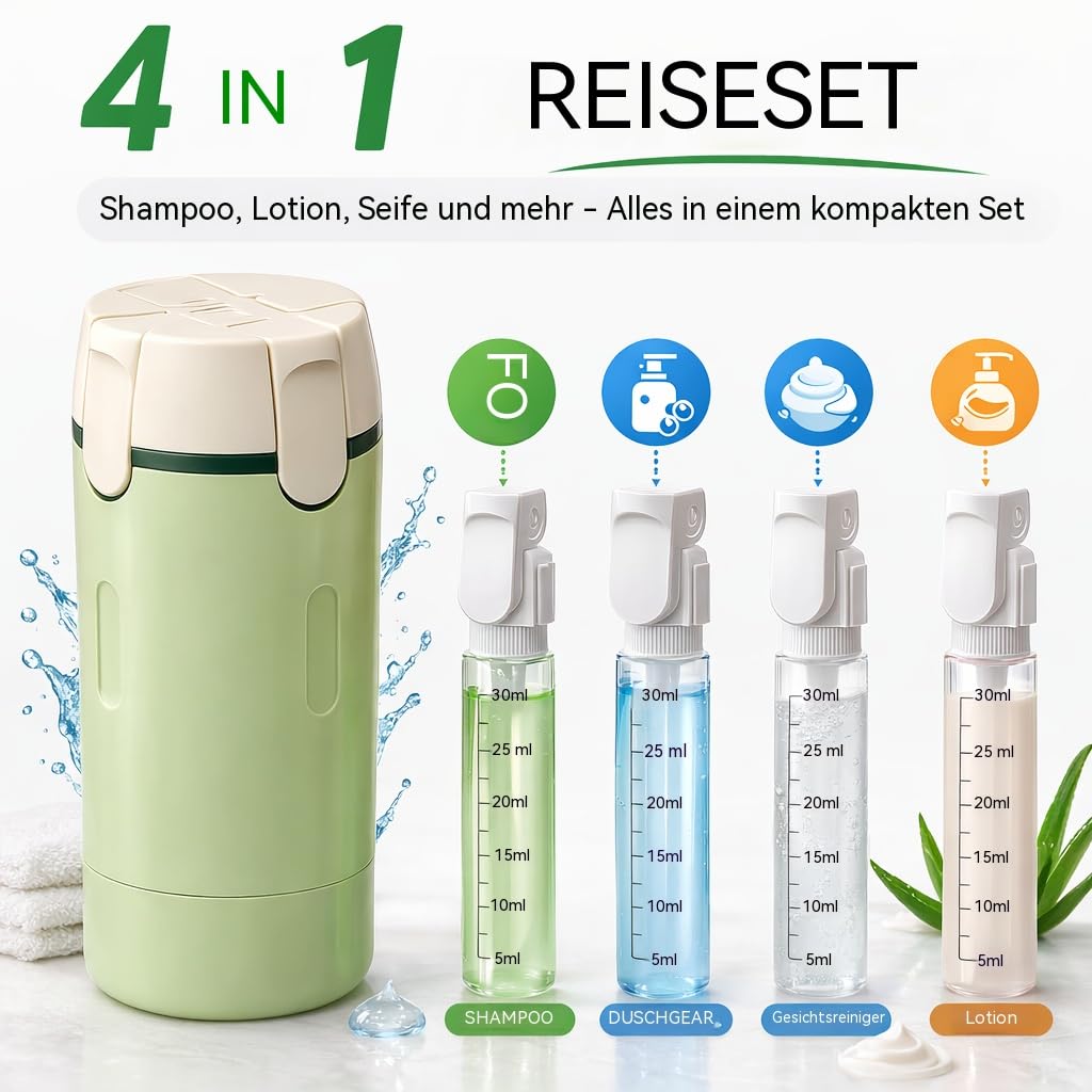 4in1 Reise Spenderflasche, Leak Proof Travel Size Containers, Portable Shampoo Lotion Conditioner Cream (2PCS)
