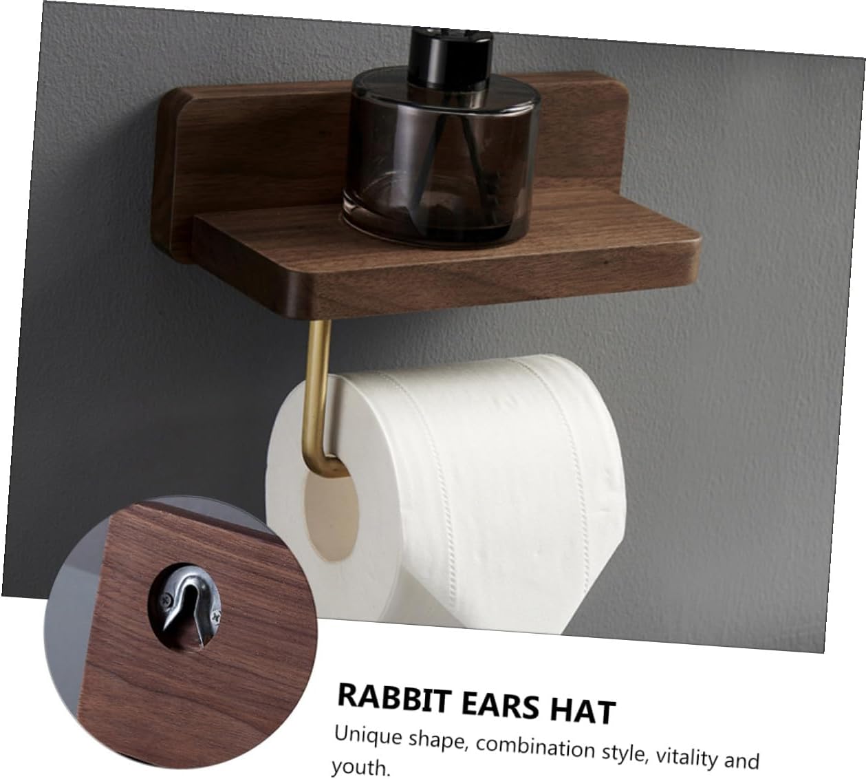 Multipurpose Natural Wood Toilet Paper Holder Rack with Shelf Wall Mount Bathroom Paper Dispenser for Small Spaces Walnut Finish Tissue Holder with Storage for Phones and
