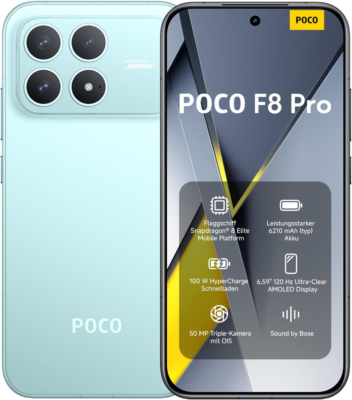 XIAOMI Poco F8 Pro, Smartphone 12+256 GB, 6.59″ 120Hz AMOLED Display, 50MP Triple-Kamera mit 60mm Teleobjektiv, Sound by Bose, 6210mAh, Blau, 2 Jahre Garantie