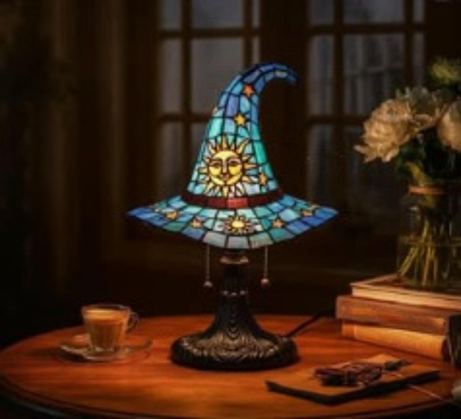 Lámparas de sombrero de bruja, luces de sombrero de bruja hechas a mano, lámpara de sombrero de bruja de vitral, lámpara de resina retro para decoración de dormitorio, para decoración de interiores, f