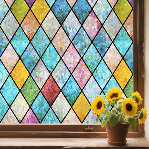 WPCTEV 3D Window Film No Glue Privacy for Glass Sticker Static Cling Heat Control Anti UV Non-Adhesive Decorative Rhombus 17.5 Inch x 6.5 Feet