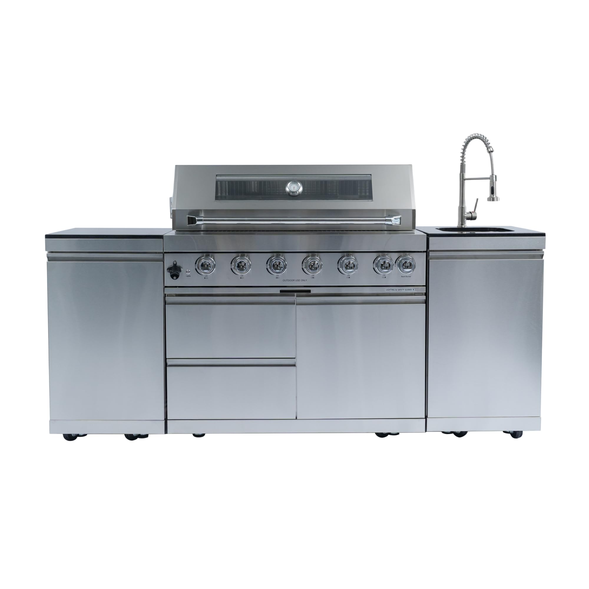 RENDGO 82 Inches 6 Burner Propane Gas Grill Outdoor Kitchen Island, 85,000 BTU Deluxe Stainless Steel Modular Outdoor Kitchen, Sink, Storage Cabinets