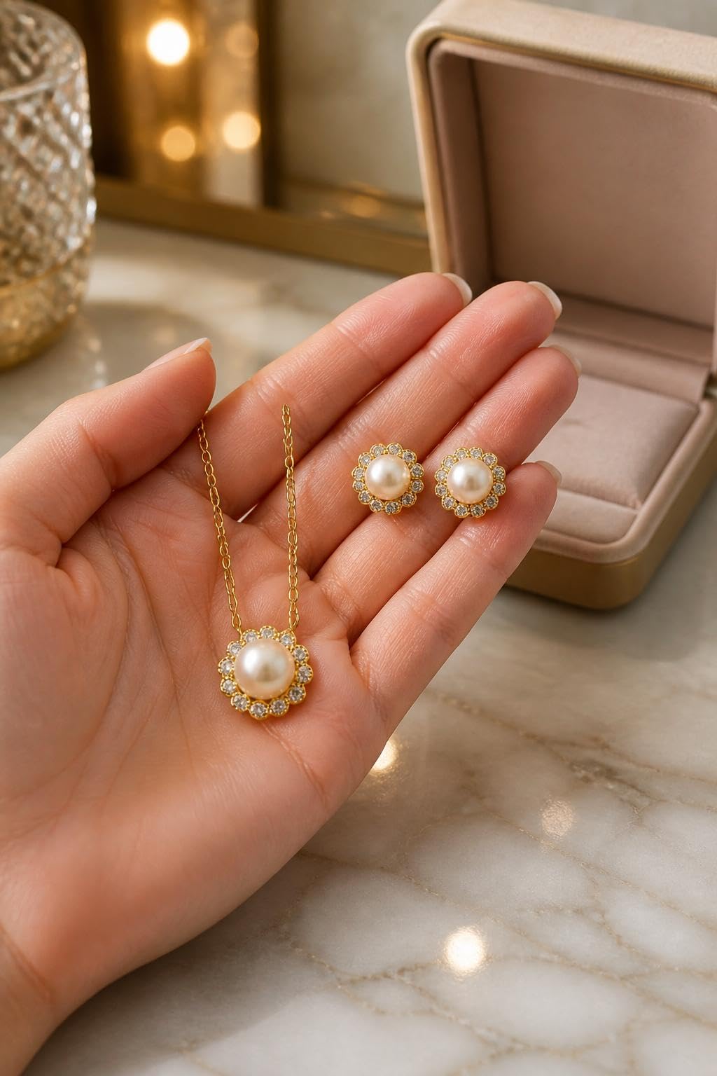 Set Colgante y Pendientes Flor Plata 925 Chapada Oro con Perlas