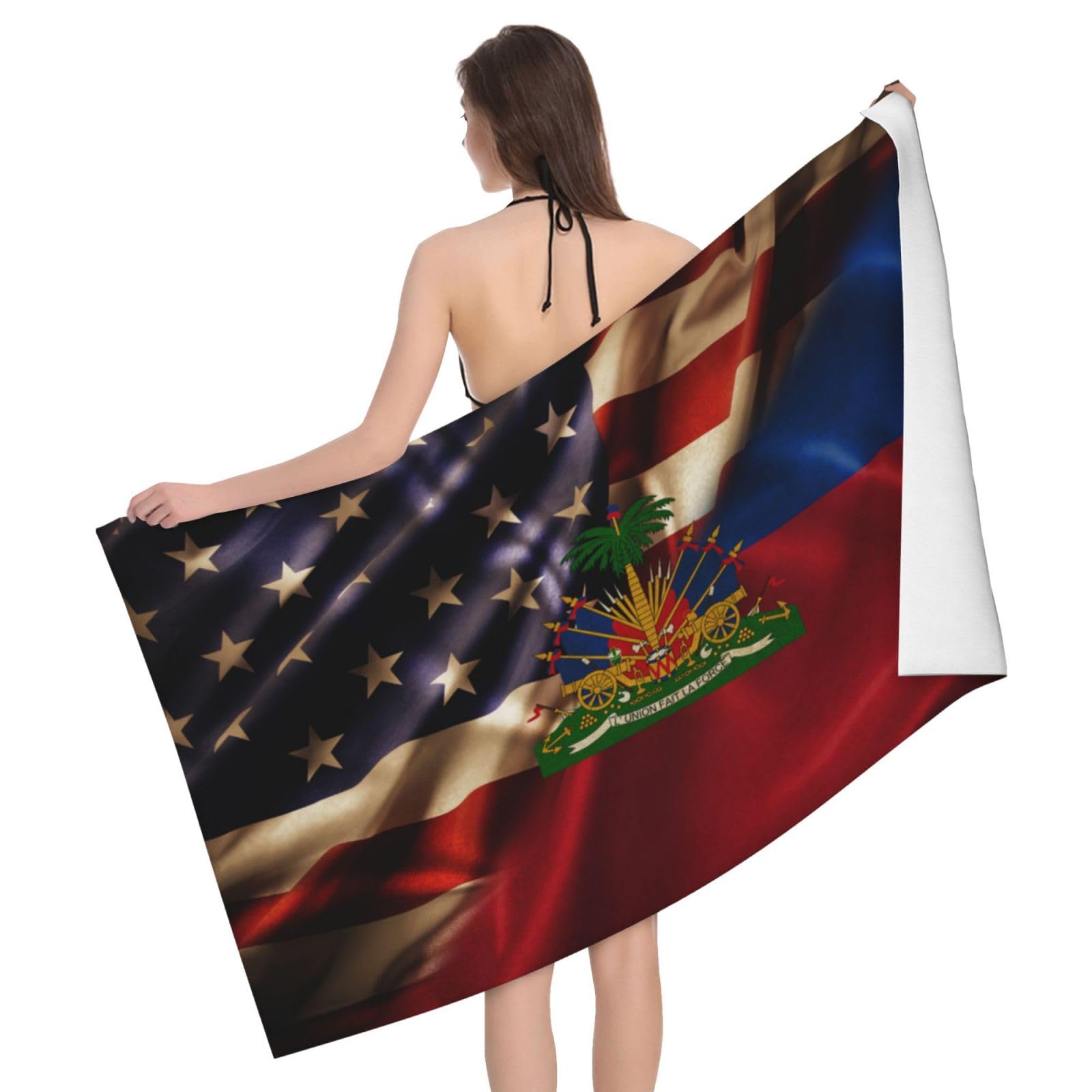 HLBSDM Microfiber Combined Haiti and USA Flag Beach Towel Quick Dry Soft Sand Free Beach Towels for Pool Swim Beach Lightweight Thin Towels