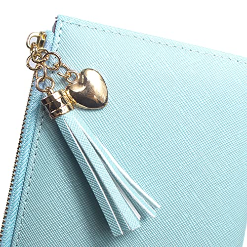 Image of SUMGOGO Wallets for Women Slim Clutch Purse Handbag Card Holder Womens Long Tassel Zipper Pocket Fashion Taiga Leather Billfold Wallet (Blue)