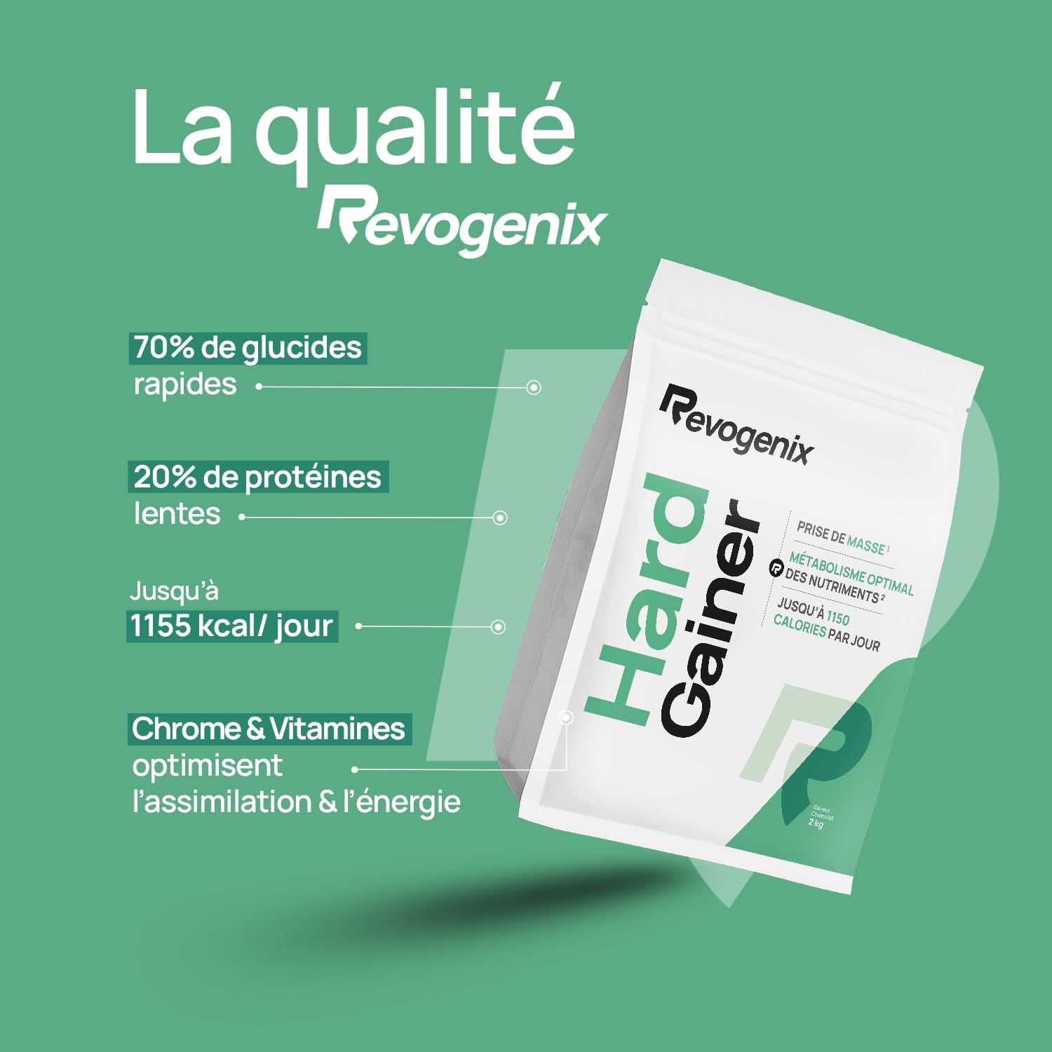 Hard Gainer | Caséine Micellaire & Maltodextrine | Prise de Masse Musculaire | Hypercalorique Glucides & Protéines | Chrome & Vitamine B | Mass Gainer Musculation | 2kg Saveur Chocolat | Revogenix