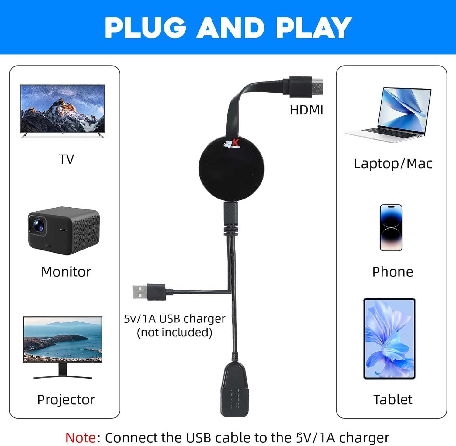 Google Chromecast Device for TV, 4K Miracast le Wireless HDMI