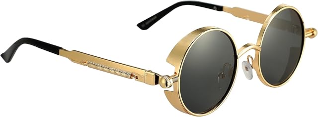 Komonee Metal Alloy Steampunk Sunglasses Set With Luxury Folding Case And Cleaning Cloth Classic Round Circle Style Retro Fashion Sun Shades Eye Glasses UV400 Protection Unisex For Men Women