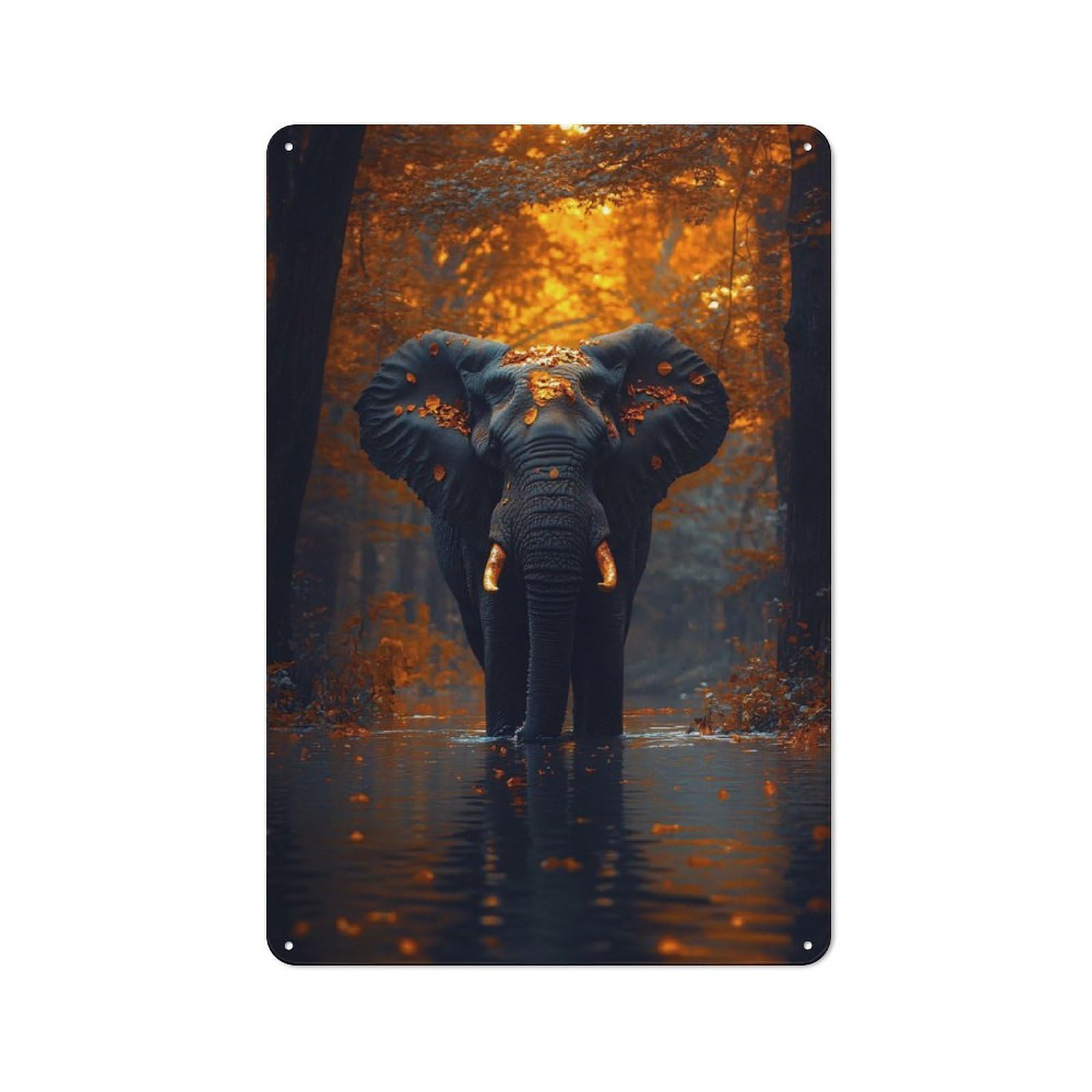 Junmoney Style-4 Urban Metal Wall Art Sign 30X20cm Featuring Elephant In Autumn Forest Lake, Urban Room Decor For Modern Home, Workshop, Office Or Cafe