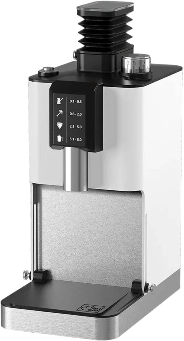 HeyCafé Jack Allround Coffee Grinder – 64mm Flat Burrs, Stepless Grind Adjustment, Cast Aluminum Chamber, Low Retention, 250g Hopper, Quiet Professional Grinder, White