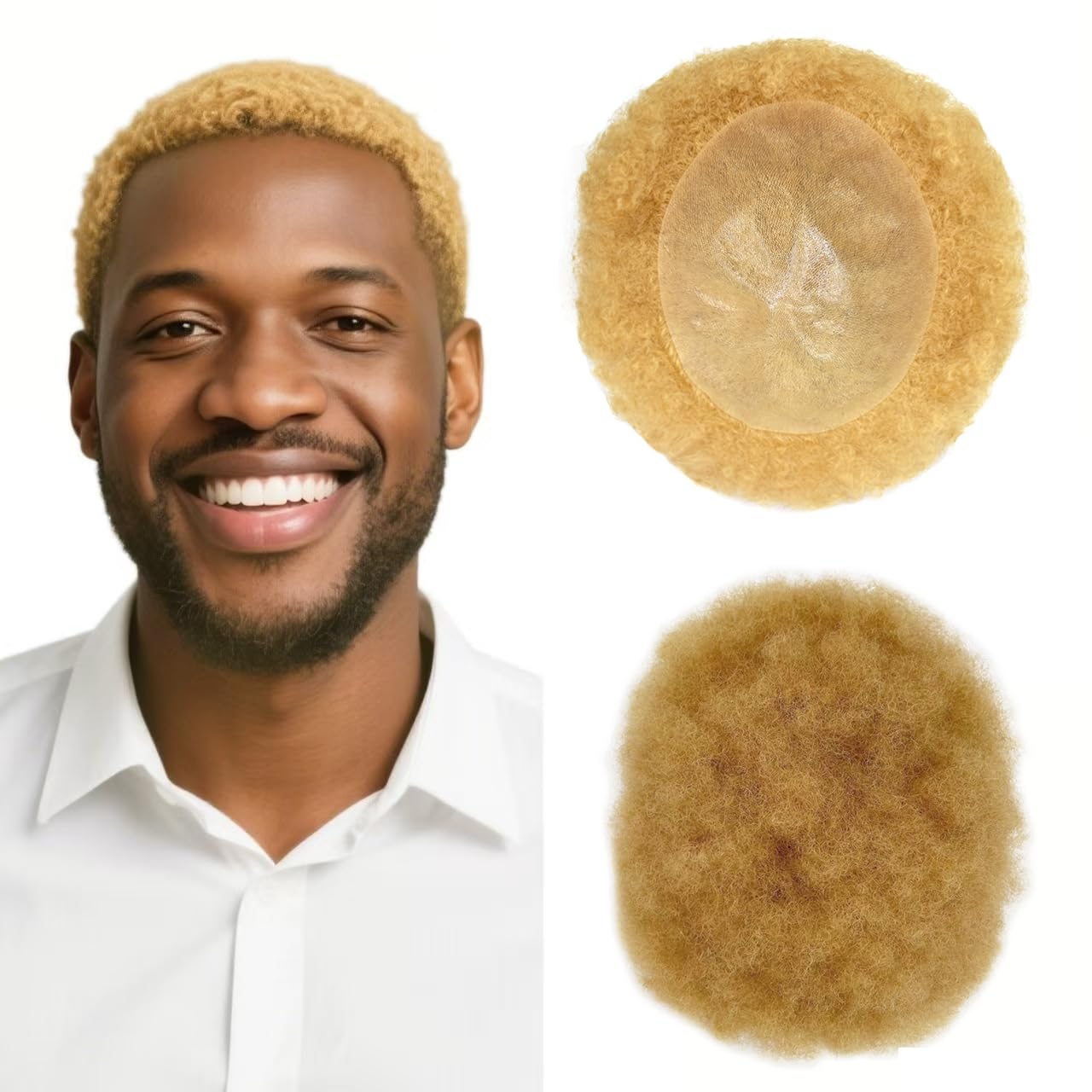 Hair Unit for Black Men Afro Toupee Curly Hair Replacement System Hair Piece African American Man Hairpiece (22R# Blonde, 6MM Afro Curl)