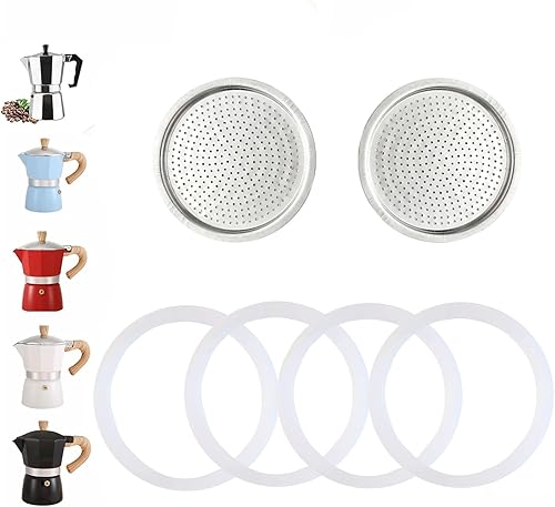 Piezas de repuesto para cafetera espresso de 1214 tazas para olla de aluminio Moka Pot 2 piezas de filtro con 4 sellos de junta de silicona