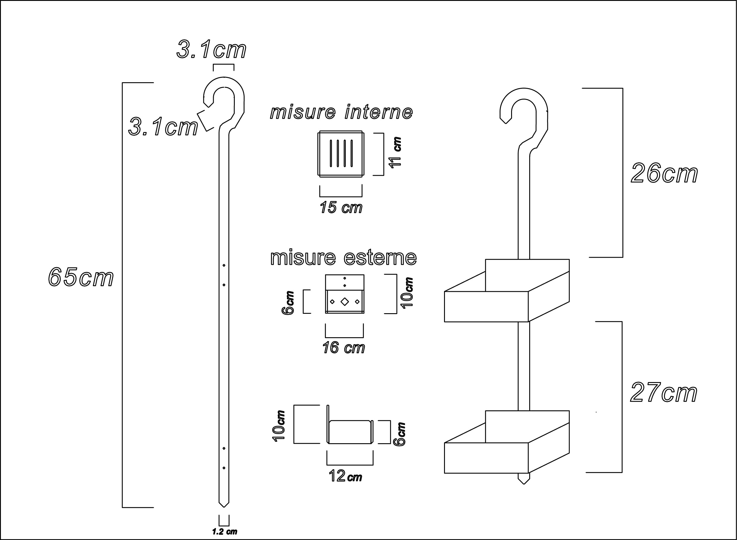 IKONA Porta Shampoo/Porta Oggetti per Doccia in Plexiglass sp. 15mm, Da Appendere al Soffione, Installazione Facile ad Incastro, H. 65 cm x L. 16 cm x P. 12 cm, Made in Italy, Maxi