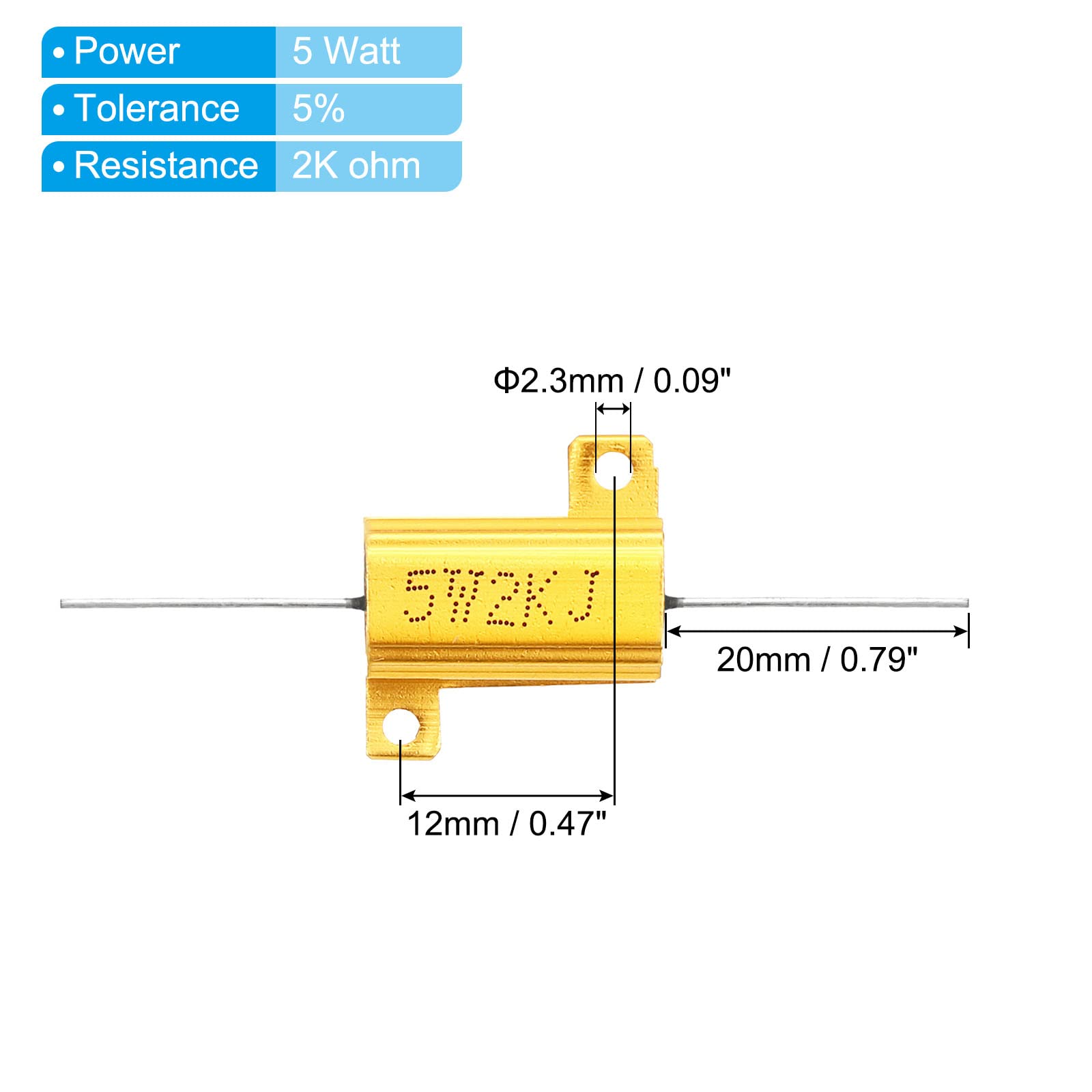 Lot De 2 Résistances Aluminium 5W 20K Ohm - Boîtier à Vis, Prises Dorées | Marque Uxcell