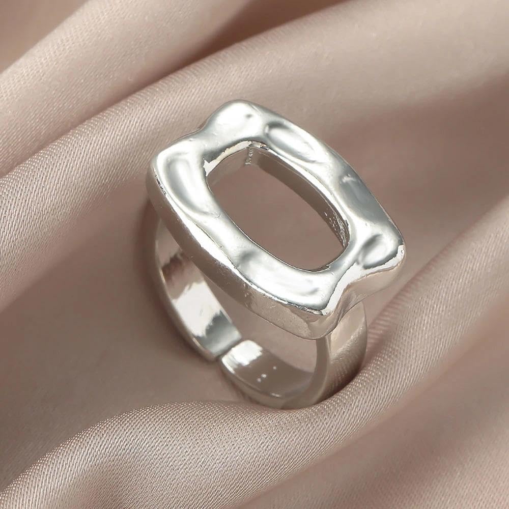 Chunky Hammer Patterned Open Ring for Women,Vintage Minimalist Geometric Hollow Statement Ring,Trendy Party Banquet Jewelry Accessories Gifts - Image 4