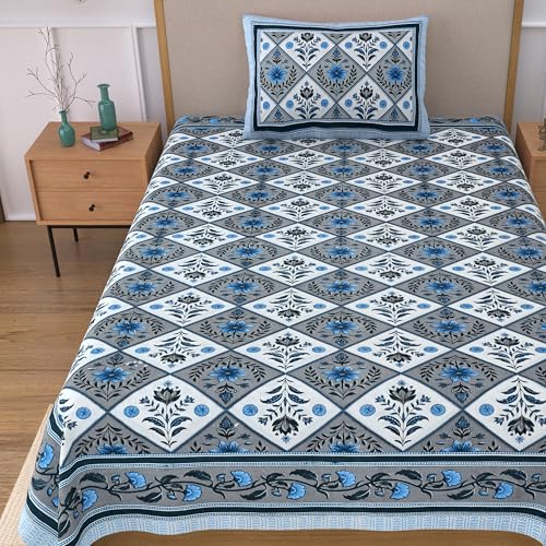 Image of 100% Cotton Single Bedsheet with 1 Pillow Cover | 240 TC Pure Cotton Flat Bed Sheet | Traditional Jaipuri Printed Bedding Set | Soft & Breathable | 60 x 90 Inch (Rangmahal Single 54)