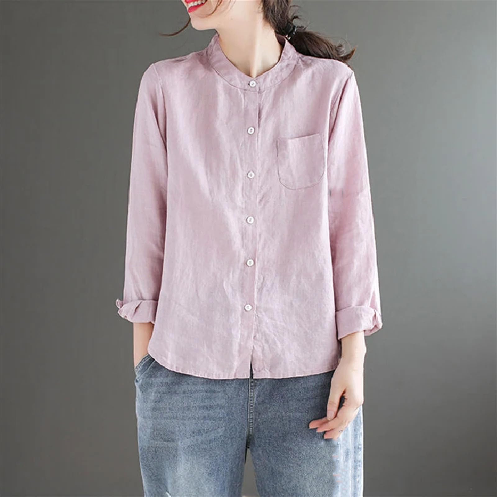 Camisa de manga larga con cuello alto para mujer, estilo informal, cómoda, de algodón, cáñamo, para primavera, para todo tipo de camisetas