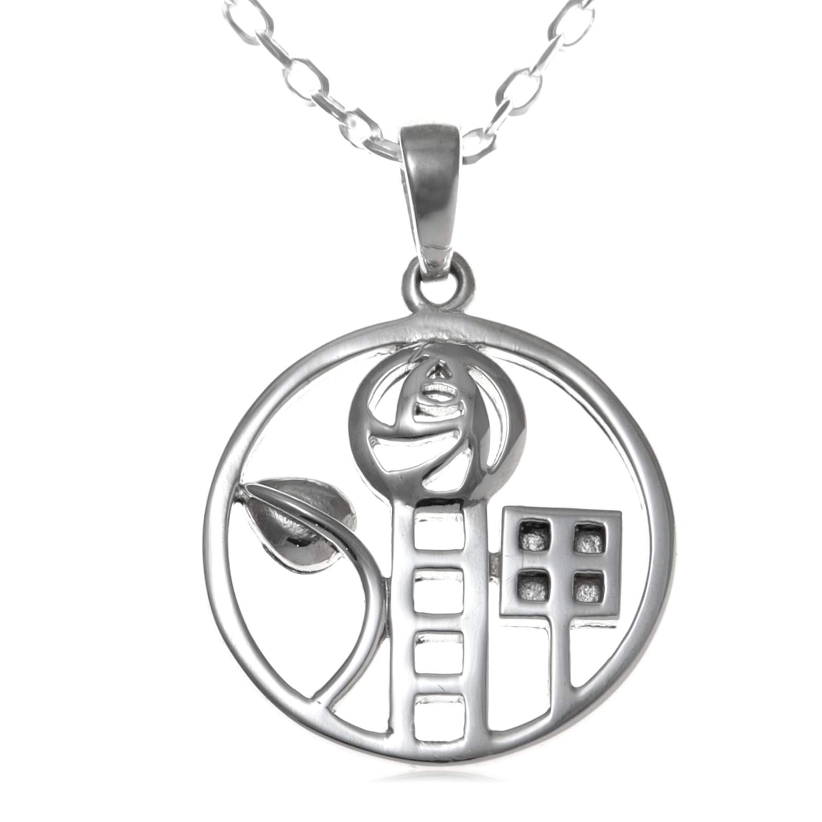 Alexander Castle925 Sterling Silver Charles Rennie Mackintosh Necklace for Women with 18" Silver Chain & Jewelry Gift Box - 20mm