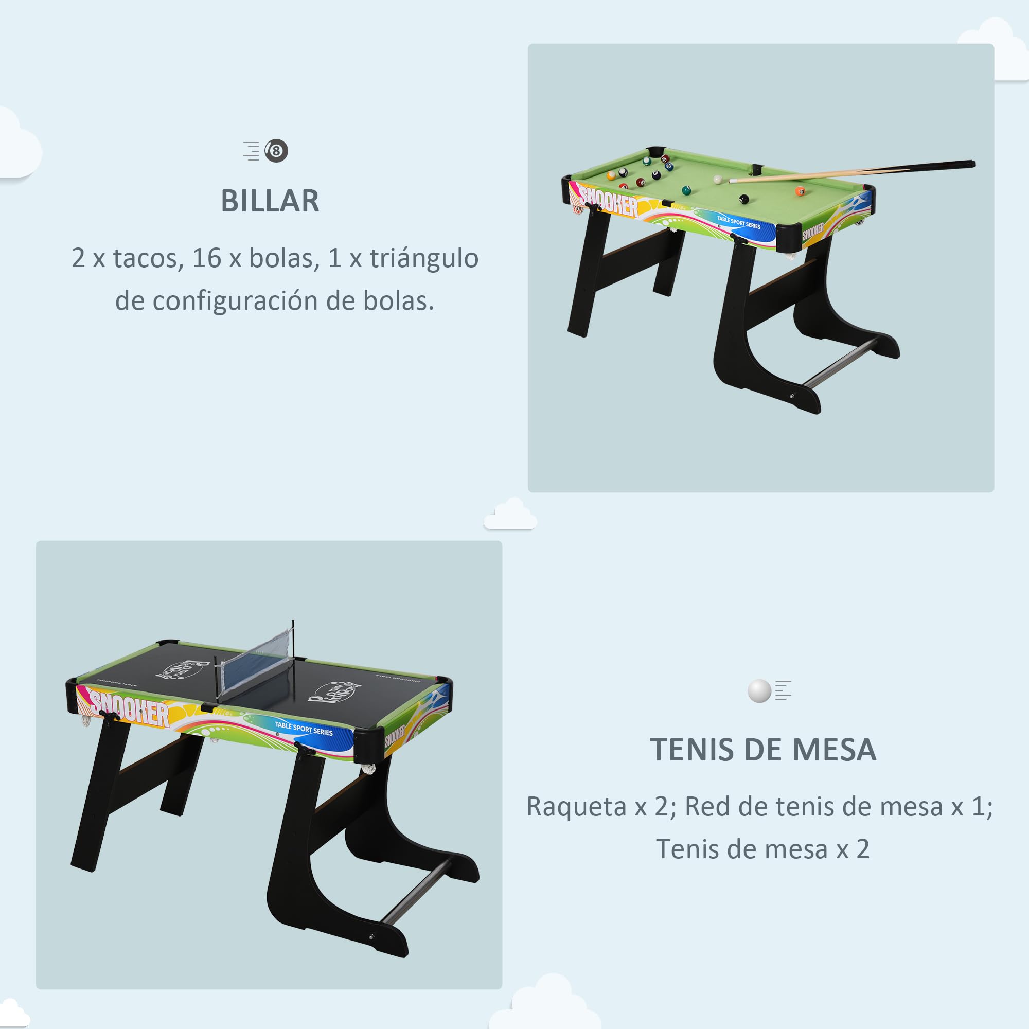 HOMCOM Mesa Multi Juegos Plegable 4 en 1 con Futbolín, Hockey, Billar y Ping-Pong, Mesa de Juegos de Sobremesa con Accesorios Incluidos, Diversión en Casa, 86,5x43,5x64 cm