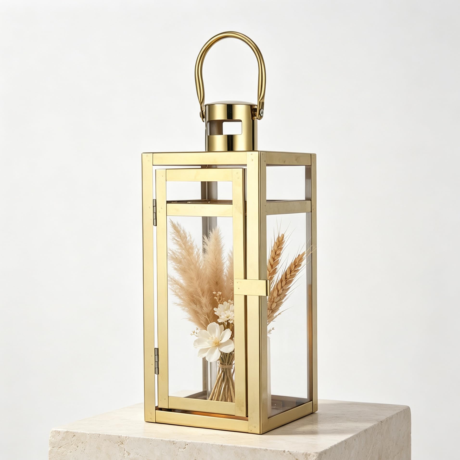 TRIROCKS Lot de 2 lanternes décoratives en acier inoxydable de 30,5 cm de haut en métal avec panneaux trempés pour décoration d'intérieur, salon, fêtes, événements, table, intérieur et extérieur (doré