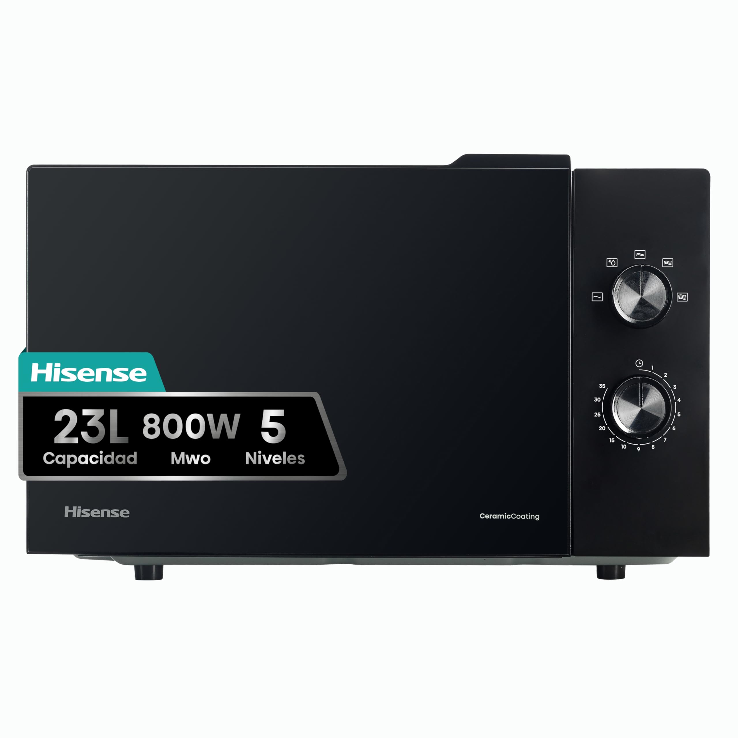 Hisense H23MOBP2H4 - Microondas 23 litros, 800W de potencia, mandos mecánicos giratorios, apertura Smart Tab, fácil limpieza con revestimiento interior cerámico, color Negro