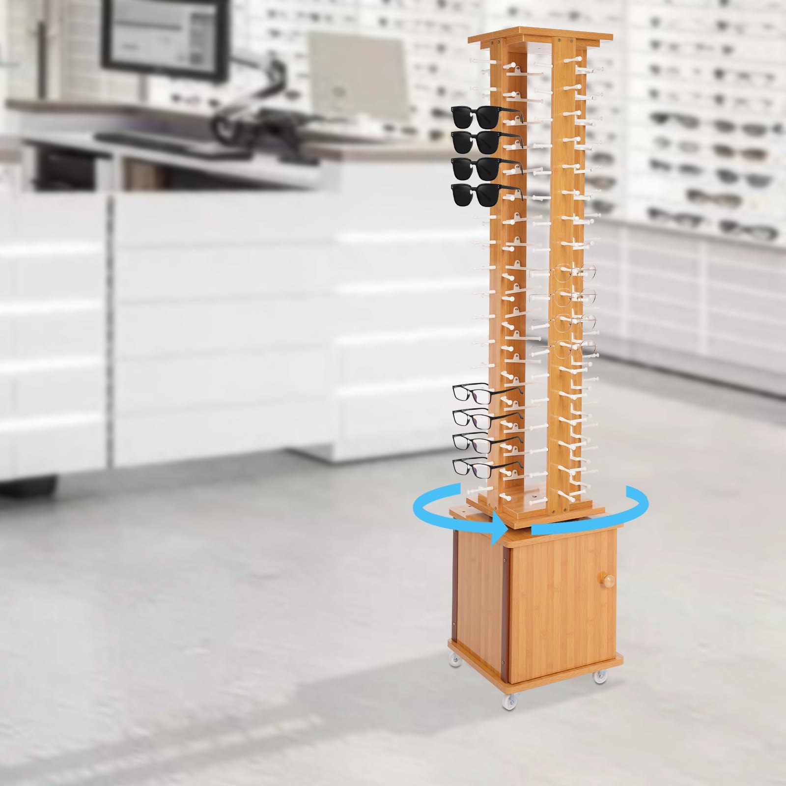 Zivisamt Sunglasses Rack Floor Standing Rotating Glasses Display Stand With Wheels, 72 Pairs Eyewear Storage Organizer, Commercial Reading Glasses Holder For Eyeglass Retail Shop
