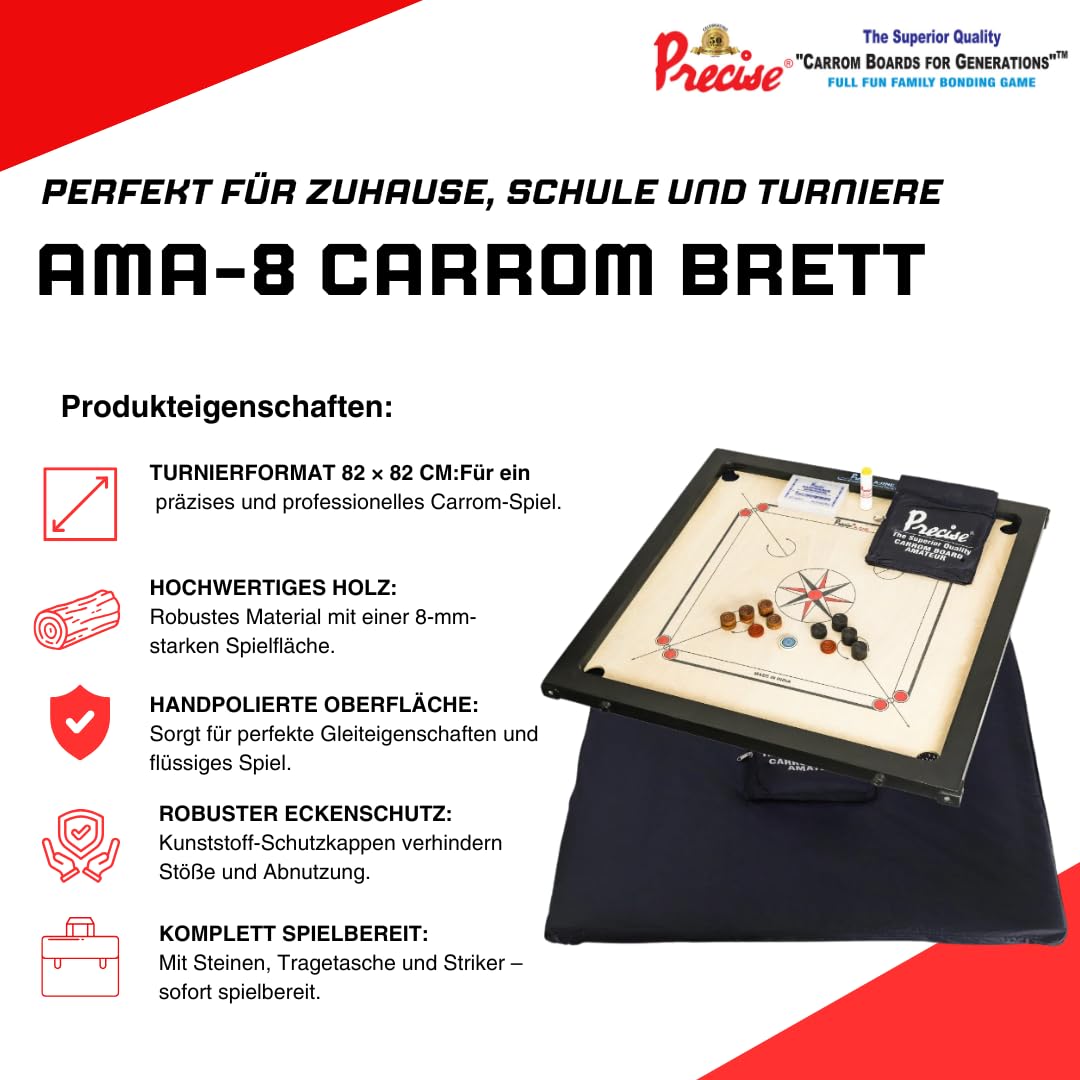 Precise Prof Carrom - AMA-One 8 mm - 12 kg. Turnier Brett - India handgefertigt - Turnier Wettkampf - Komplett mit Steinen, Striker in Tasche - Top Qualitate