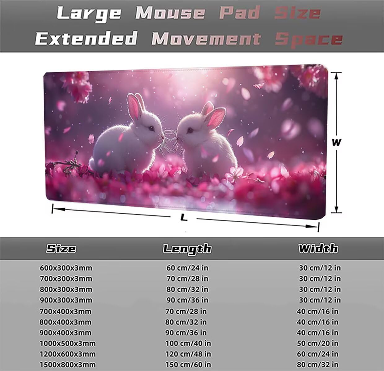 Podkładka pod mysz do gier XXL duża mysz 1200 x 600 x 3 mm, duża podkładka pod biurko z antypoślizgową gumową podstawą dla graczy PC, poprawia precyzję i szybkość kwiatu królika LMDT15291