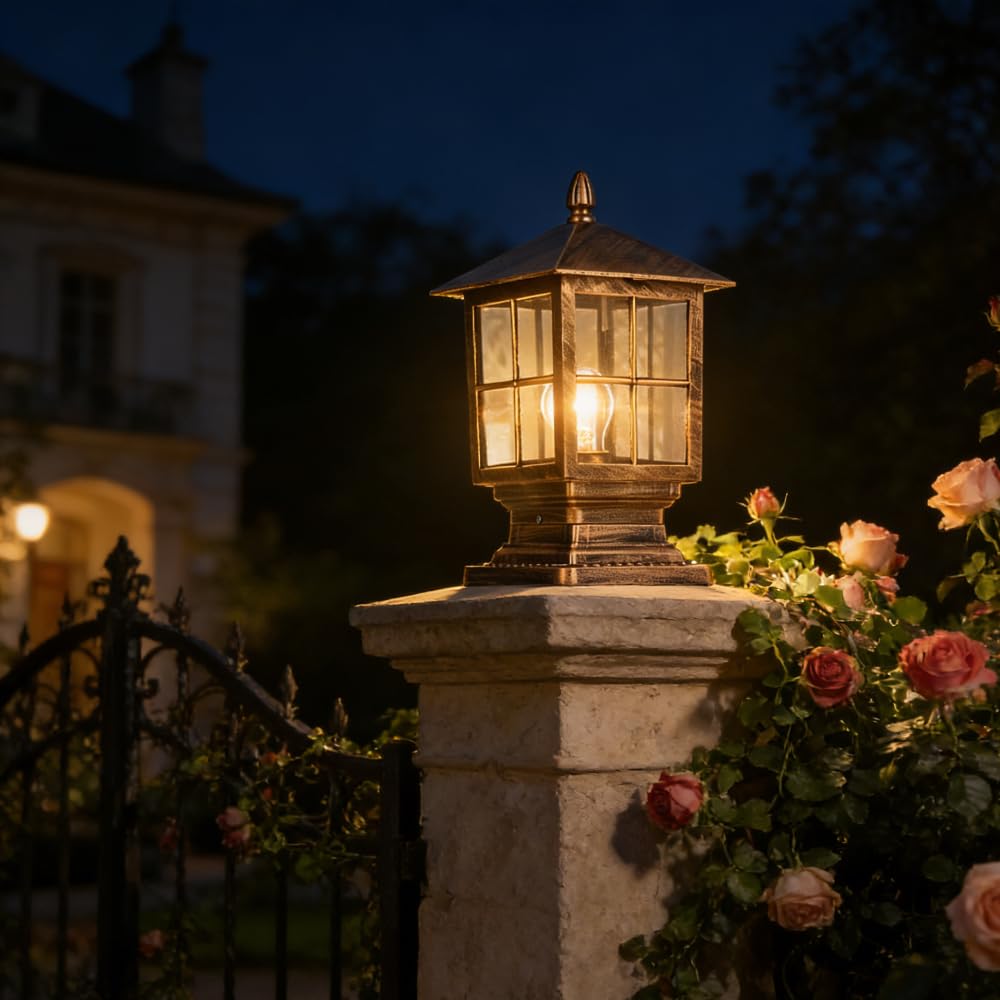 XINYASEE Retro Außenleuchte für Pfosten, IP44 Wetterfeste Laterne für Garten, Terrasse und Eingang, Schwarz/Gold, E27 Sockel, Klassische Gartensäuleleuchte mit Glasfenstern (Gold)