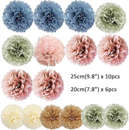 Miniatura 7 de 16 pompones de papel de seda retro bohemio, color rosa polvoriento, azul, salvia, verde, marrón, flores rústicas, salvia, verde salvia, azul