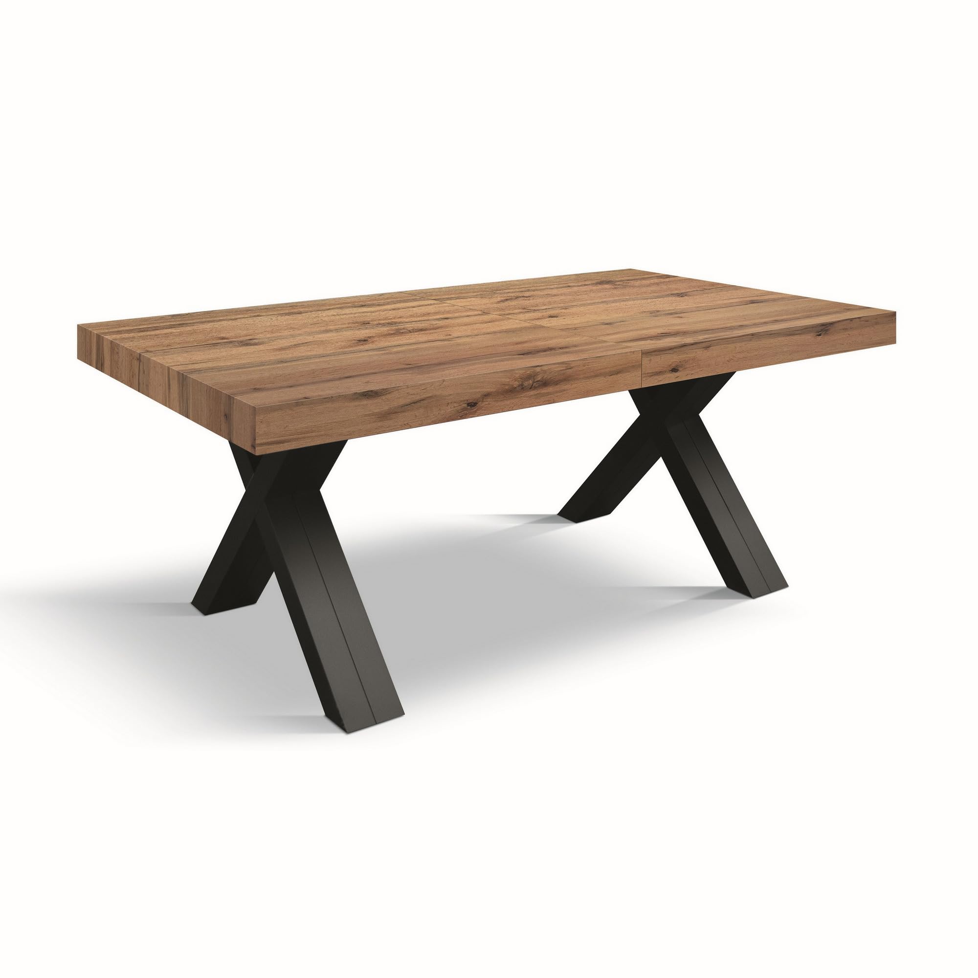 KONTE.DESIGN Tavolo GALLIPOLI in legno nobilitato effetto rovere rustico con gambe a X in legno antracite, allungabile 180x90 cm - 480x90 cm