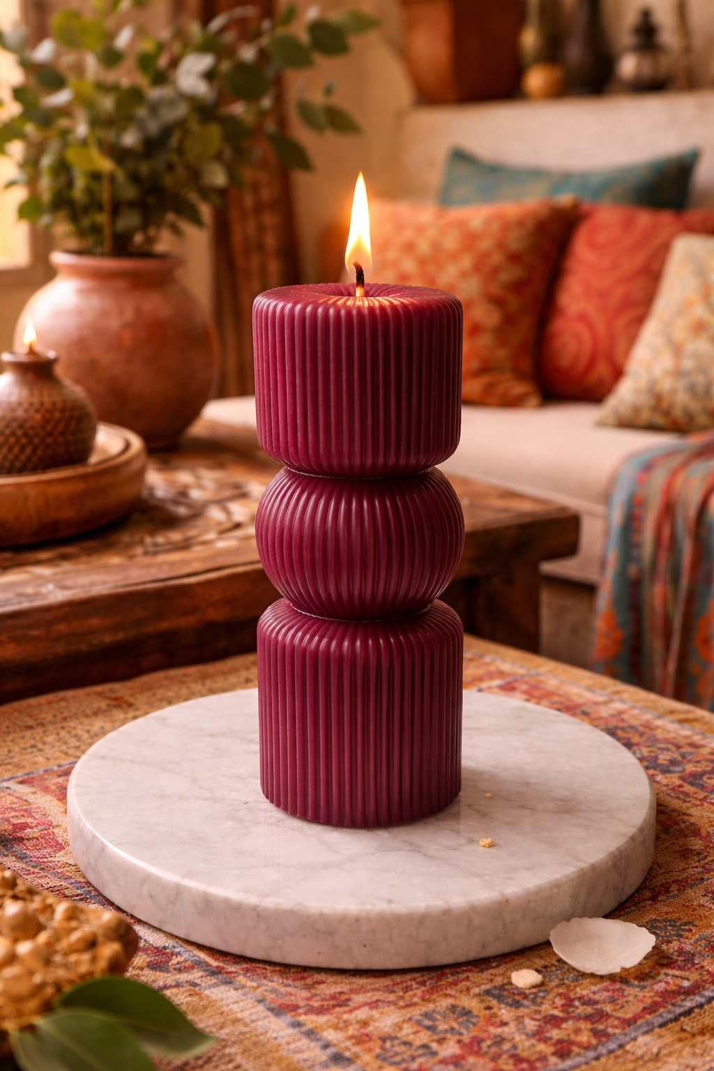 Glow Getter Luxury Ribbed Pillar Candle | Modern Bubble Stack Design | Scented Soy Wax Decorative Candle for Home Decor & Gifting (Maroon)-image-15